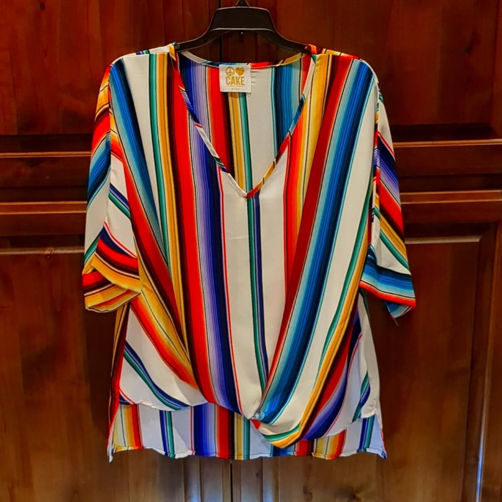 Peace/Love/Cake Flamboyantly Striped Asymmetrical Top